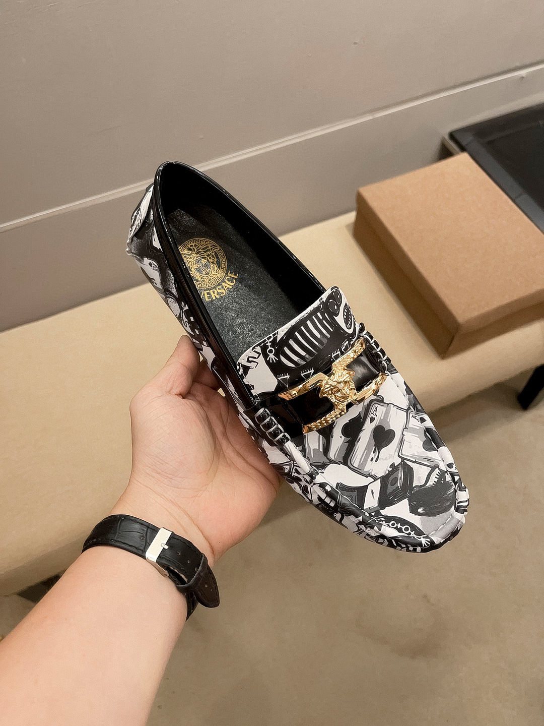 Versace Black & White Graphic Gold-Tone Loafers